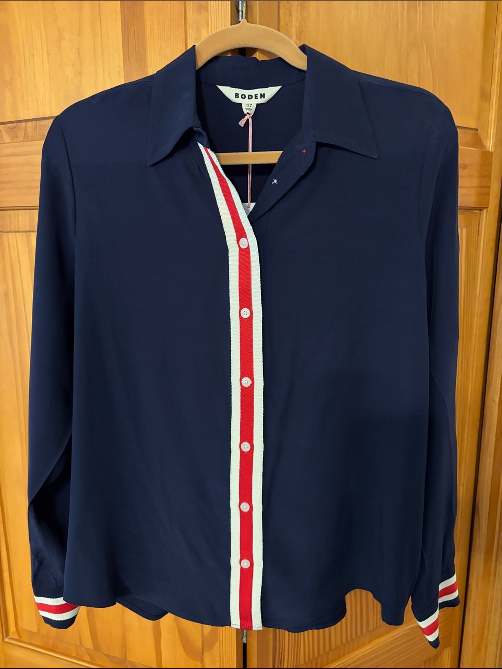 Boden Grosgrain Ribbon Red White & Blue Button Front LS Shirt Blouse US Sz 8 NWT